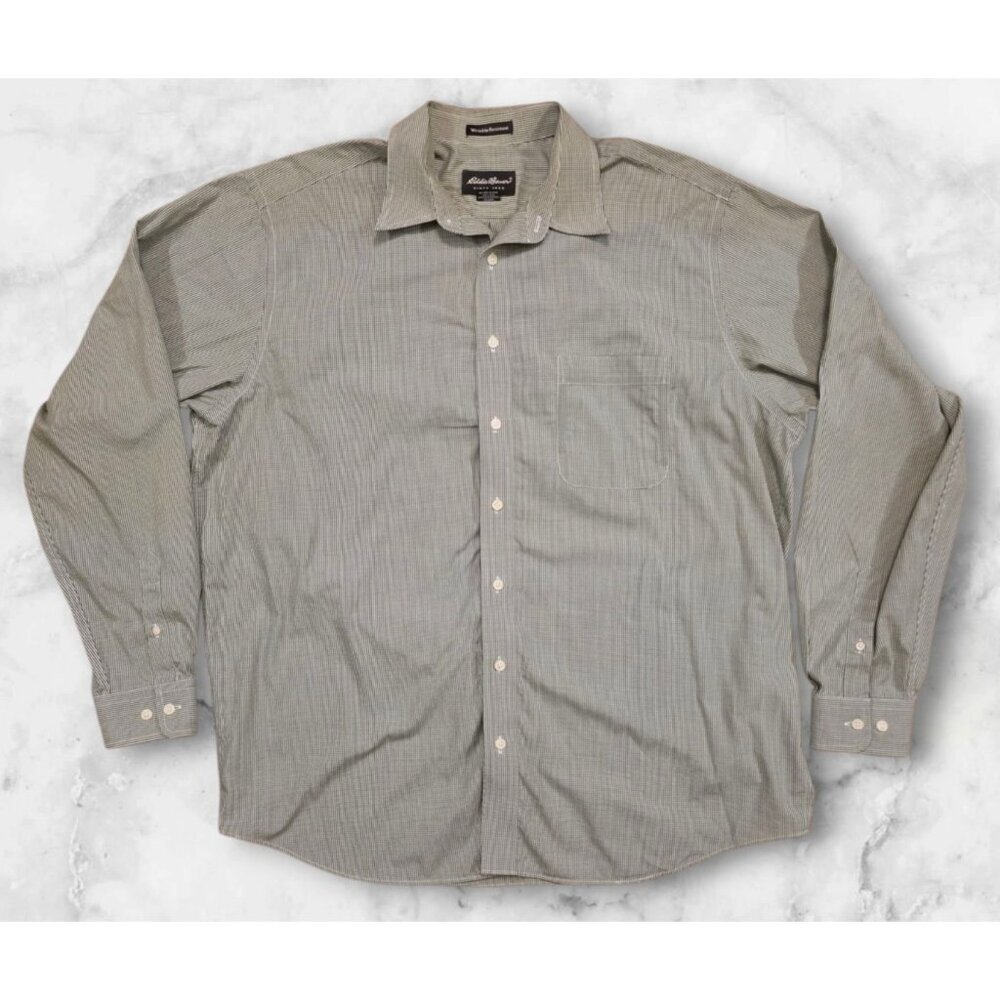 Eddie Bauer Long Sleeve Mens XL Tall Wrinkle Resistant Green White Checkered